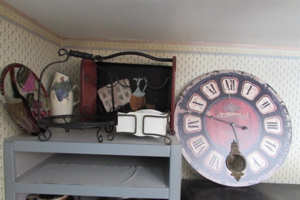 TUSCAN WOODEN CLOCK, WINE RACK, VASE, NAPKIN & PLATE HOLDER.