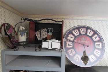 TUSCAN WOODEN CLOCK, WINE RACK, VASE, NAPKIN & PLATE HOLDER.