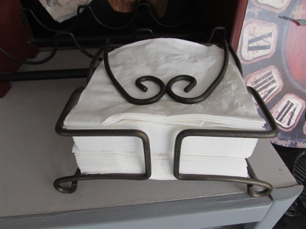 TUSCAN WOODEN CLOCK, WINE RACK, VASE, NAPKIN & PLATE HOLDER.