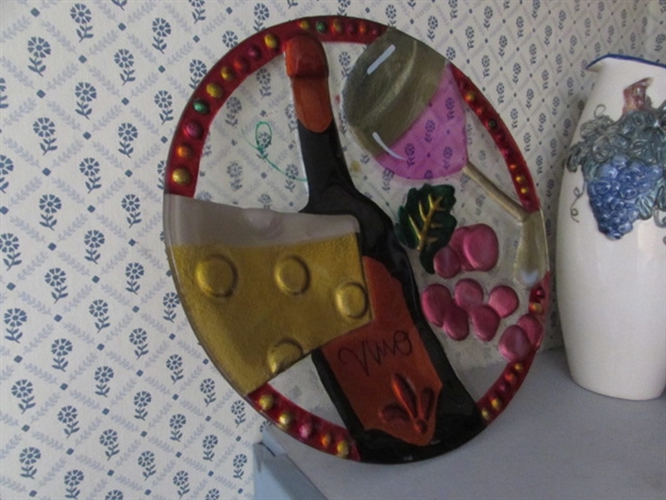 TUSCAN WOODEN CLOCK, WINE RACK, VASE, NAPKIN & PLATE HOLDER.