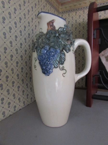 TUSCAN WOODEN CLOCK, WINE RACK, VASE, NAPKIN & PLATE HOLDER.