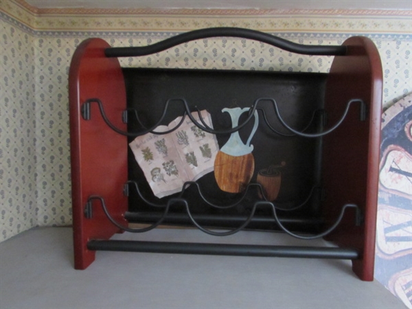 TUSCAN WOODEN CLOCK, WINE RACK, VASE, NAPKIN & PLATE HOLDER.