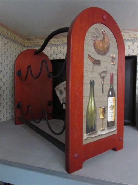 TUSCAN WOODEN CLOCK, WINE RACK, VASE, NAPKIN & PLATE HOLDER.