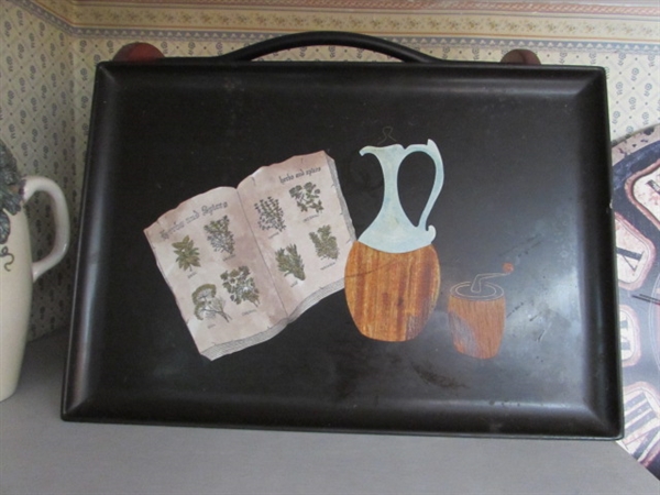 TUSCAN WOODEN CLOCK, WINE RACK, VASE, NAPKIN & PLATE HOLDER.
