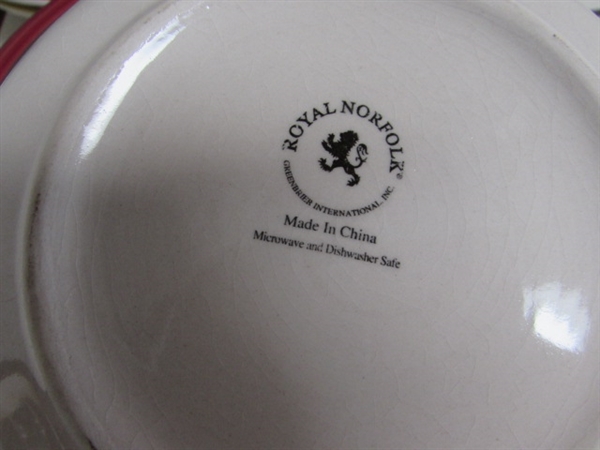 ROYAL NORFOLK MAMBO DINNER PLATES, BOWLS & PALAKS JEWEL COLORED GLASS TUMBLERS