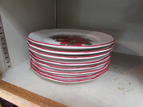 HOLIDAY 8 PLACE SETTING, STONEWARE, BOMBAY STACKABLE TEAPOT & CUP, BUTTER BELL AND MORE