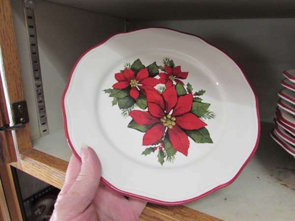 HOLIDAY 8 PLACE SETTING, STONEWARE, BOMBAY STACKABLE TEAPOT & CUP, BUTTER BELL AND MORE