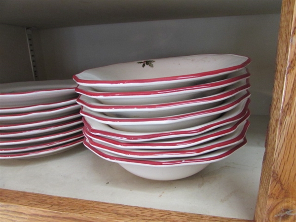 HOLIDAY 8 PLACE SETTING, STONEWARE, BOMBAY STACKABLE TEAPOT & CUP, BUTTER BELL AND MORE