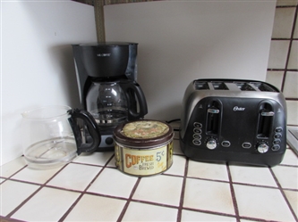 OSTER 4 SLICE TOASTER, MR COFFEE COFFEE MAKER, COFFEE FILTERS IN VINTAGE TIN & EXTRA COFFEE POT