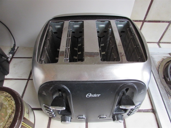 OSTER 4 SLICE TOASTER, MR COFFEE COFFEE MAKER, COFFEE FILTERS IN VINTAGE TIN & EXTRA COFFEE POT