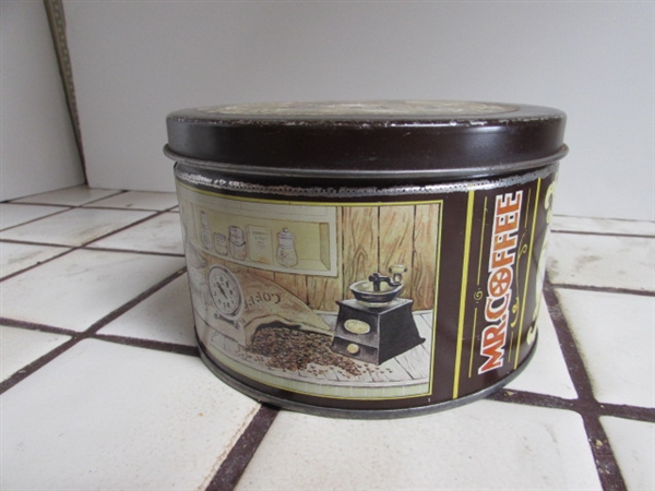OSTER 4 SLICE TOASTER, MR COFFEE COFFEE MAKER, COFFEE FILTERS IN VINTAGE TIN & EXTRA COFFEE POT