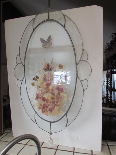 PRESSED FLORAL, LEADED GLASS HANGING WINDOW PANEL