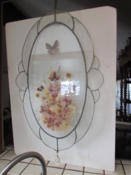 PRESSED FLORAL, LEADED GLASS HANGING WINDOW PANEL
