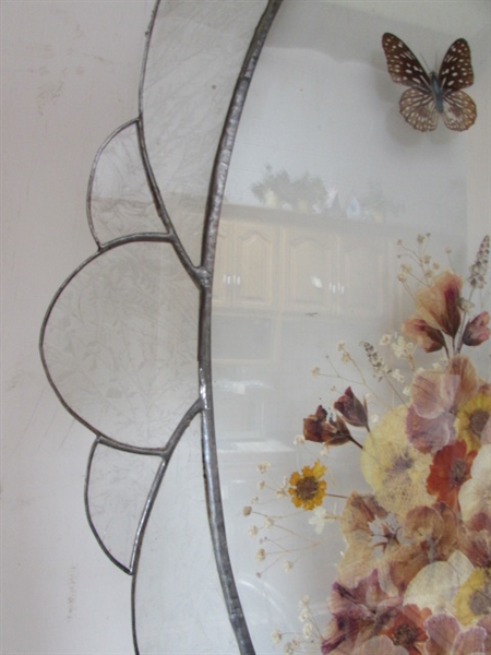 PRESSED FLORAL, LEADED GLASS HANGING WINDOW PANEL