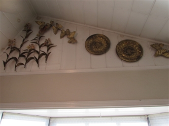 VINTAGE BRASS TONE DECORATIVE HAMMERED PLATES, FLORAL & BUTTERFLIES WALL DECOR