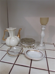 WHITE & GOLD TONE TEAPOT VASE, SOAP DISH, CANDLE HOLDER