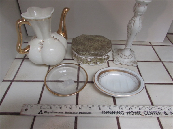 WHITE & GOLD TONE TEAPOT VASE, SOAP DISH, CANDLE HOLDER