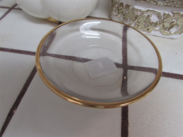 WHITE & GOLD TONE TEAPOT VASE, SOAP DISH, CANDLE HOLDER
