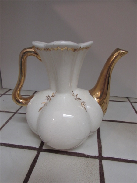 WHITE & GOLD TONE TEAPOT VASE, SOAP DISH, CANDLE HOLDER