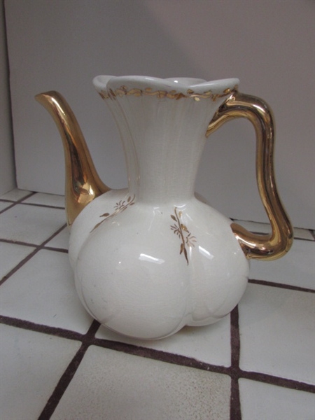 WHITE & GOLD TONE TEAPOT VASE, SOAP DISH, CANDLE HOLDER