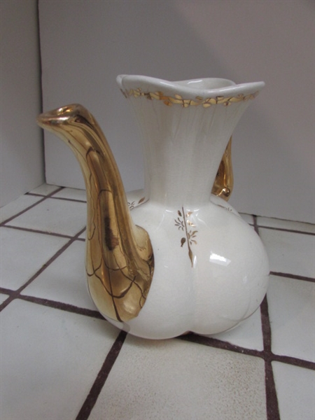 WHITE & GOLD TONE TEAPOT VASE, SOAP DISH, CANDLE HOLDER