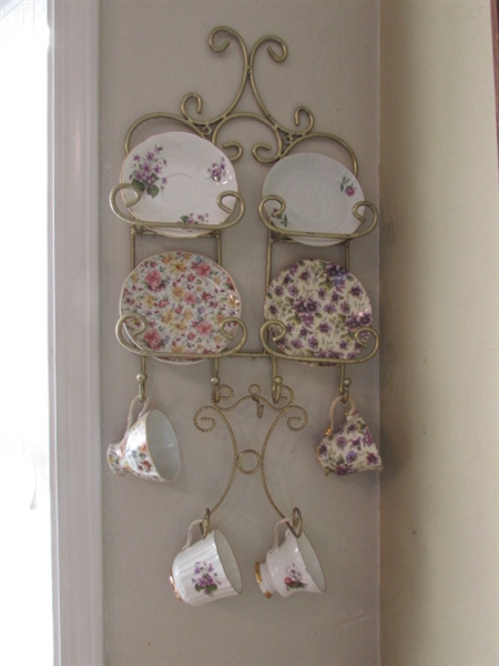CHINA TEA CUP DISPLAY AND TEA CUPS