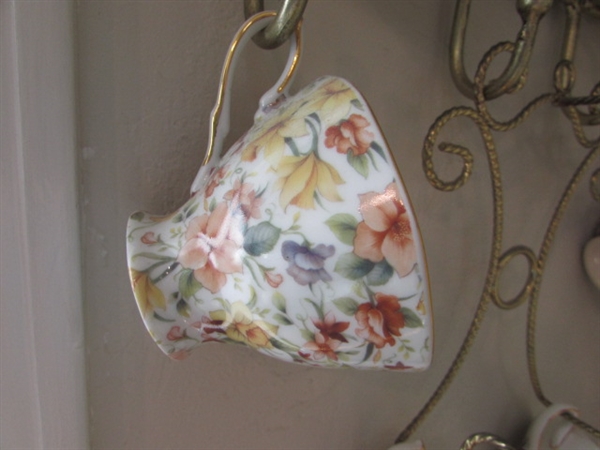 CHINA TEA CUP DISPLAY AND TEA CUPS