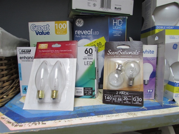 ASSORTED LIGHT BULBS & BASKET