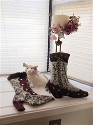 VICTORIAN SHOE PILLOW AND STOCKING, PORCELAIN PIG AND CANDLE HOLDER