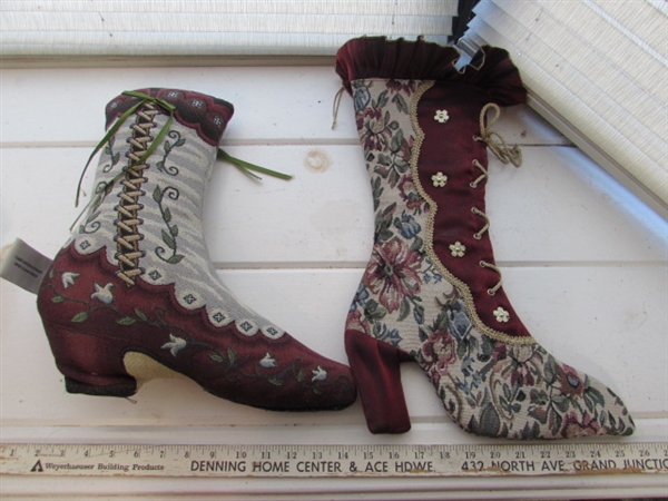 VICTORIAN SHOE PILLOW AND STOCKING, PORCELAIN PIG AND CANDLE HOLDER