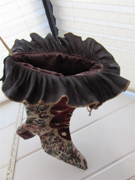 VICTORIAN SHOE PILLOW AND STOCKING, PORCELAIN PIG AND CANDLE HOLDER