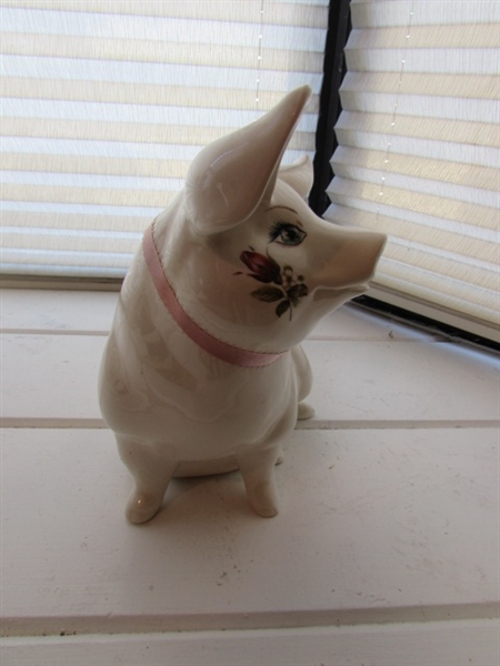 VICTORIAN SHOE PILLOW AND STOCKING, PORCELAIN PIG AND CANDLE HOLDER
