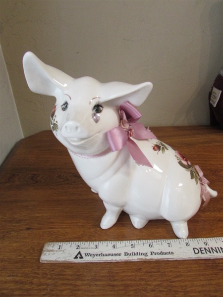 VICTORIAN SHOE PILLOW AND STOCKING, PORCELAIN PIG AND CANDLE HOLDER