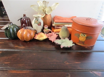 FALL DECOR, NAPKINS, AND OWL TIN