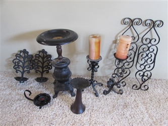 VINTAGE POTBELLY STOVE SMOKING STAND, WROUGHT IRON CANDLE HOLDERS AND DECOR