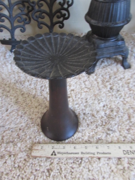 VINTAGE POTBELLY STOVE SMOKING STAND, WROUGHT IRON CANDLE HOLDERS AND DECOR