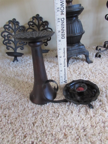 VINTAGE POTBELLY STOVE SMOKING STAND, WROUGHT IRON CANDLE HOLDERS AND DECOR