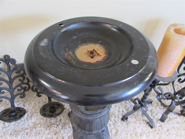 VINTAGE POTBELLY STOVE SMOKING STAND, WROUGHT IRON CANDLE HOLDERS AND DECOR