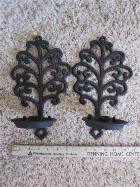 VINTAGE POTBELLY STOVE SMOKING STAND, WROUGHT IRON CANDLE HOLDERS AND DECOR