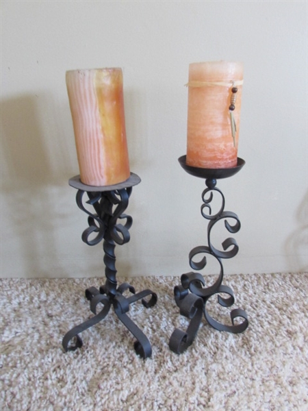 VINTAGE POTBELLY STOVE SMOKING STAND, WROUGHT IRON CANDLE HOLDERS AND DECOR