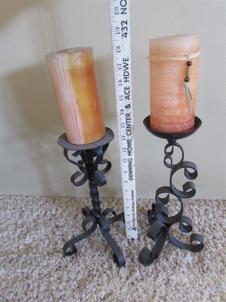 VINTAGE POTBELLY STOVE SMOKING STAND, WROUGHT IRON CANDLE HOLDERS AND DECOR