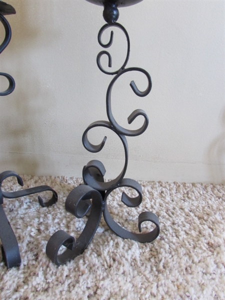 VINTAGE POTBELLY STOVE SMOKING STAND, WROUGHT IRON CANDLE HOLDERS AND DECOR