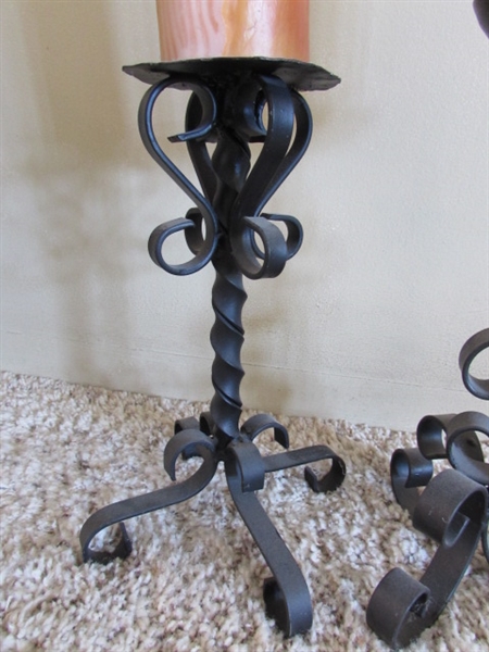 VINTAGE POTBELLY STOVE SMOKING STAND, WROUGHT IRON CANDLE HOLDERS AND DECOR