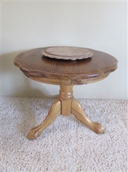 OAK END TABLE AND CARVED CAKE STAND