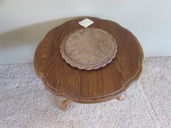 OAK END TABLE AND CARVED CAKE STAND