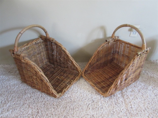 CLAY INDONESIA TAMARIND KROTOK, 2 RATTAN BASKETS AND WOOD VASE