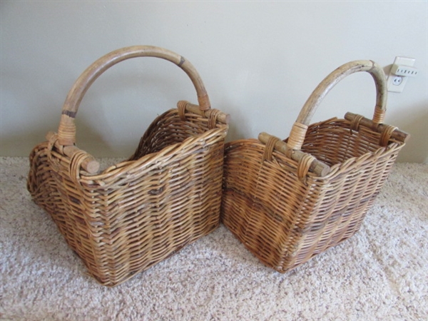 CLAY INDONESIA TAMARIND KROTOK, 2 RATTAN BASKETS AND WOOD VASE