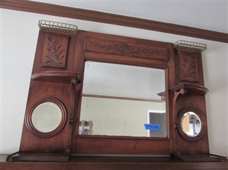 VINTAGE WOOD FIREPLACE MANTEL WITH CARVED ACCENTS AND BEVELED MIRRORS