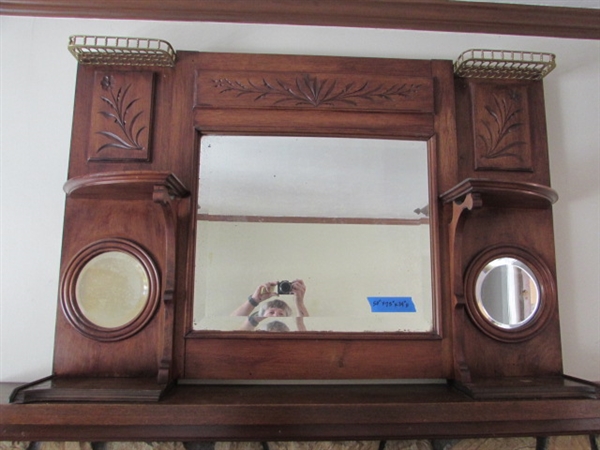 VINTAGE WOOD FIREPLACE MANTEL WITH CARVED ACCENTS AND BEVELED MIRRORS