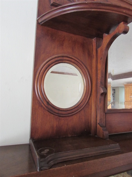 VINTAGE WOOD FIREPLACE MANTEL WITH CARVED ACCENTS AND BEVELED MIRRORS